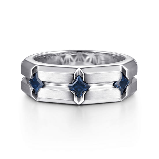 Gabriel - 14K White Gold Ring with Princess Cut Sapphire B quality Stations in East West Brush Finish Gabriel - 14K White Gold Ring with Princess Cut Sapphire B quality Stations in East West Brush Finish