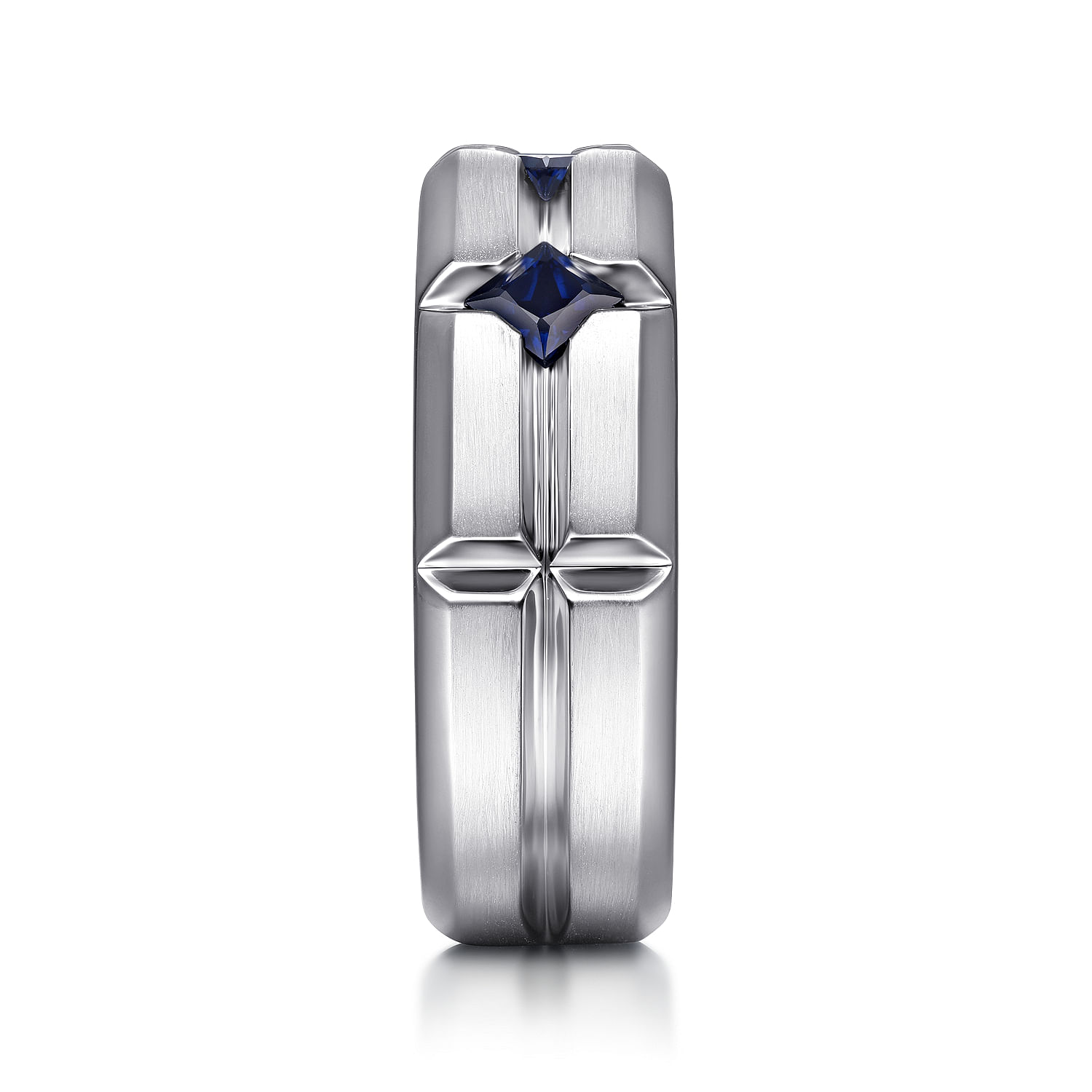 14K White Gold Ring with Square Sapphire Stations in Horizontal Brush Finish