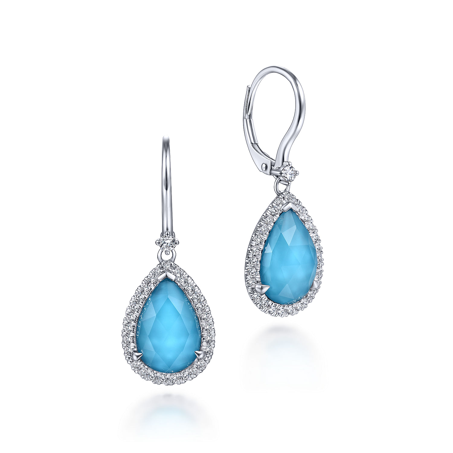 14K White Gold Rock Crystal/Turquoise Teardrop with Diamond Halo Leverback Earrings