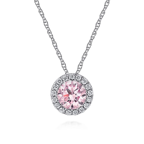 14K White Gold Rose CZ and Diamond Pendant Necklace