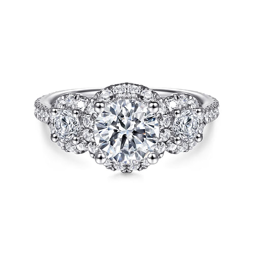 14K White Gold Round 3 Stone Halo Diamond Engagement Ring