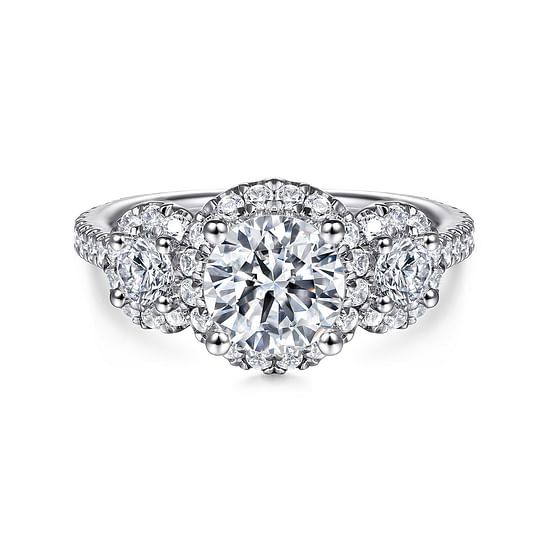 Gabriel - 14K White Gold Round 3 Stone Halo Diamond Engagement Ring