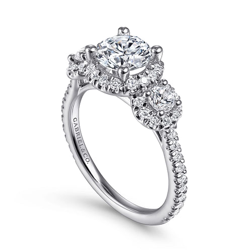 14K White Gold Round 3 Stone Halo Diamond Engagement Ring