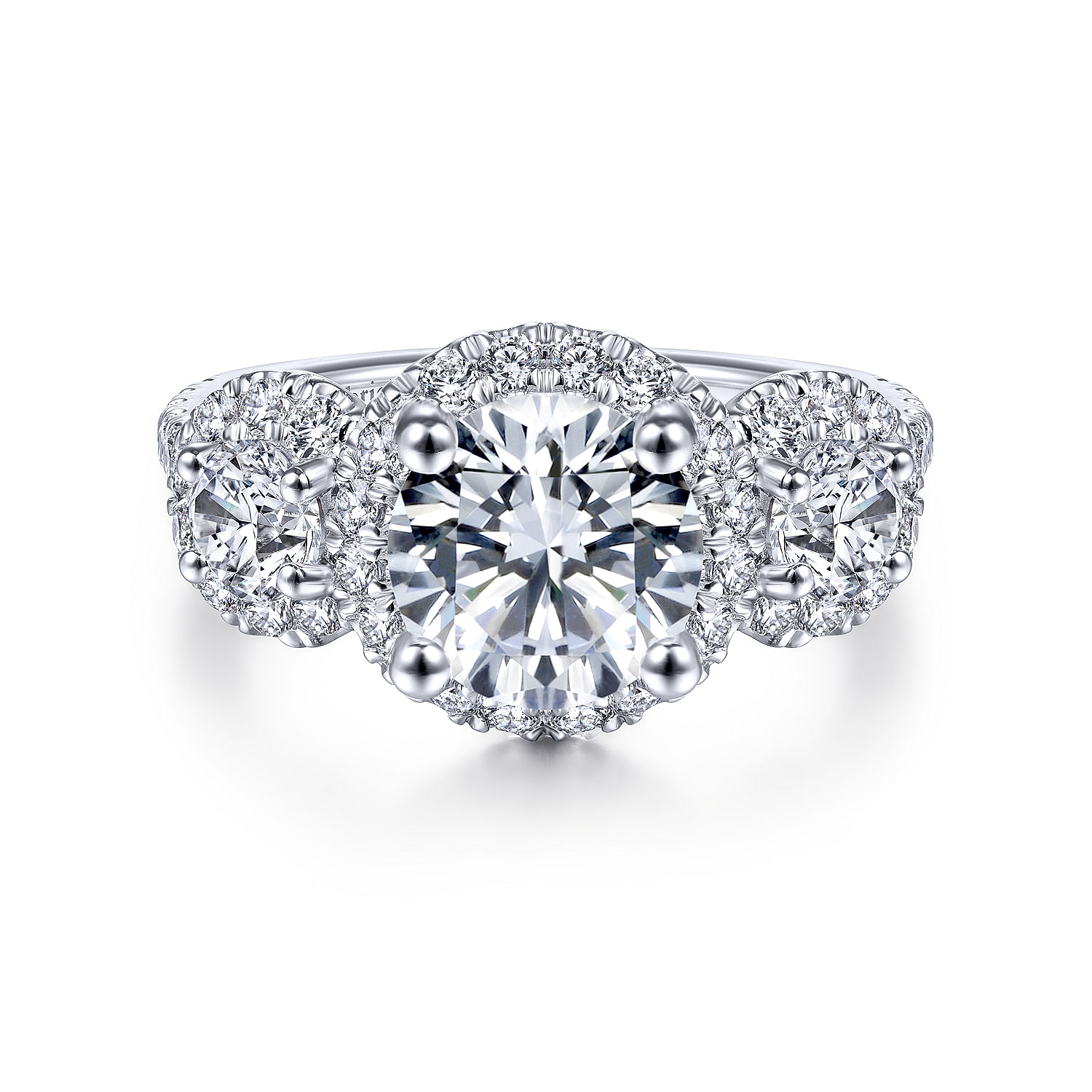 Gabriel - 14K White Gold Round 3 Stone Halo Diamond Engagement Ring