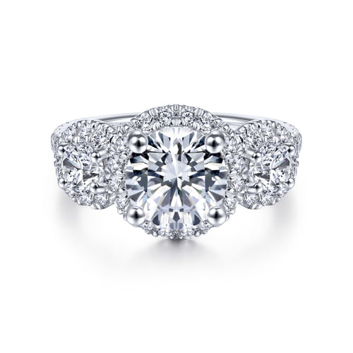 14K White Gold Round 3 Stone Halo Diamond Engagement Ring