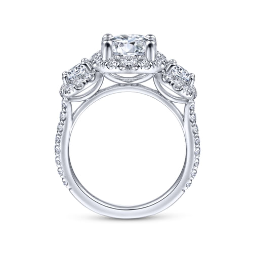 14K White Gold Round 3 Stone Halo Diamond Engagement Ring