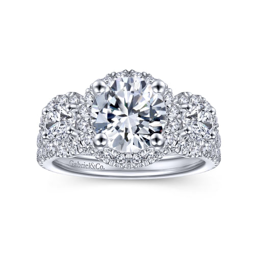14K White Gold Round 3 Stone Halo Diamond Engagement Ring