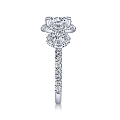 14K White Gold Round 3 Stone Halo Diamond Engagement Ring
