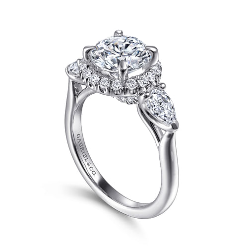 14K White Gold Round 3 Stone Halo Diamond Engagement Ring