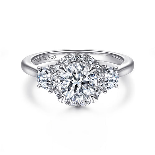 14K White Gold Round 3 Stone Halo Diamond Engagement Ring