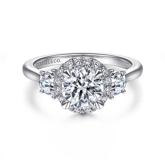 Gabriel - 14K White Gold Round 3 Stone Halo Diamond Engagement Ring