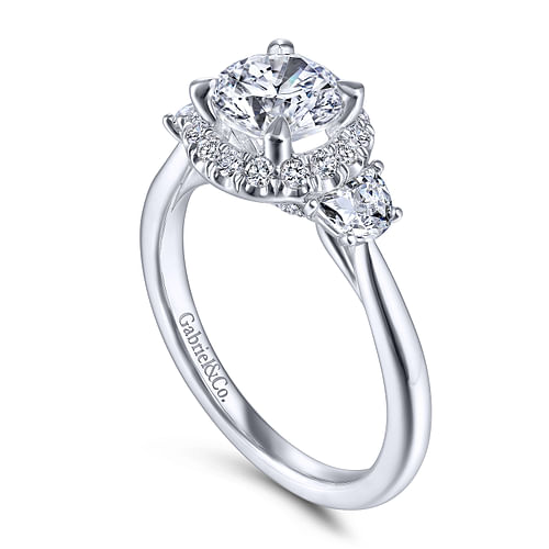 14K White Gold Round 3 Stone Halo Diamond Engagement Ring