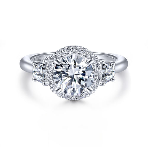 14K White Gold Round 3 Stone Halo Diamond Engagement Ring