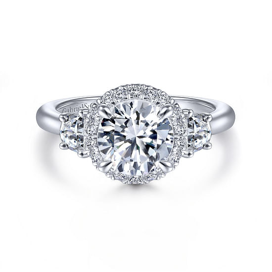 Gabriel - 14K White Gold Round 3 Stone Halo Diamond Engagement Ring