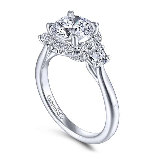 14K White Gold Round 3 Stone Halo Diamond Engagement Ring