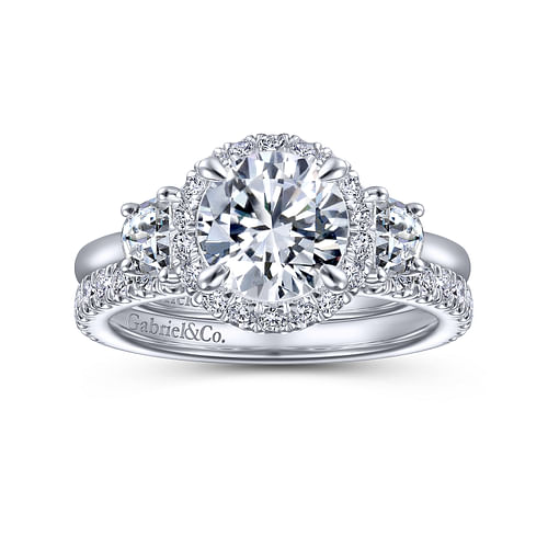 14K White Gold Round 3 Stone Halo Diamond Engagement Ring