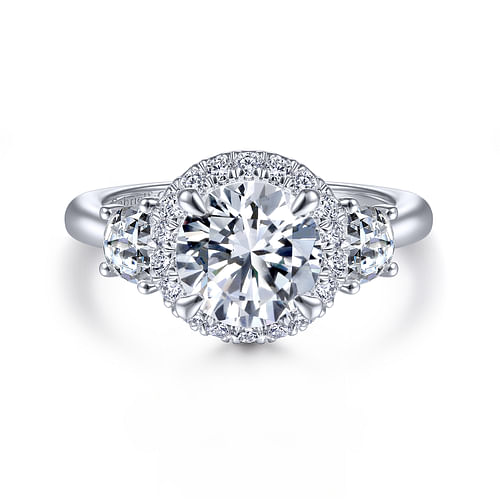 14K White Gold Round 3 Stone Halo Diamond Engagement Ring