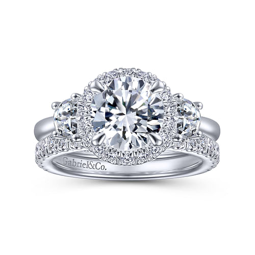 14K White Gold Round 3 Stone Halo Diamond Engagement Ring