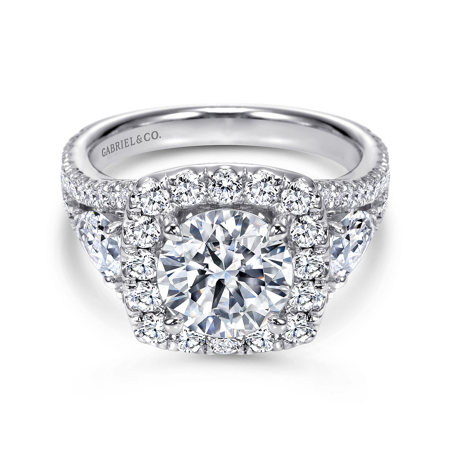Gabriel - 14K White Gold Round 3 Stone Halo Diamond Engagement Ring