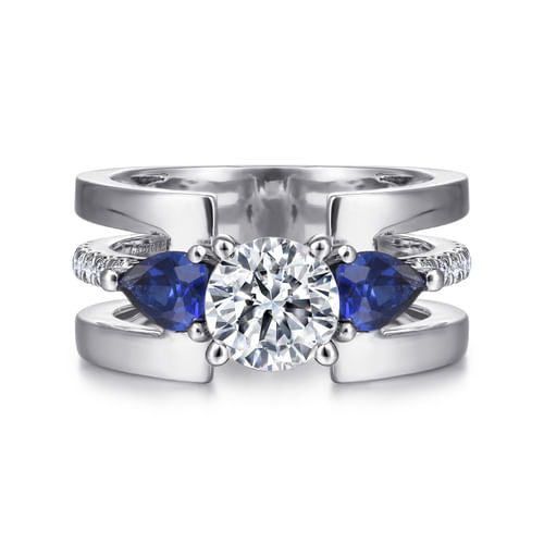 14K White Gold Round 3 Stone Sapphire and Diamond Engagement Ring
