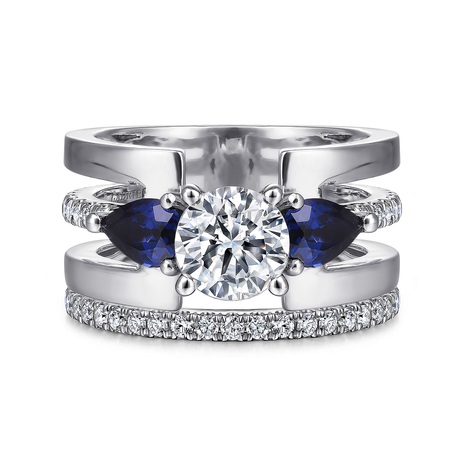14K White Gold Round 3 Stone Sapphire and Diamond Engagement Ring