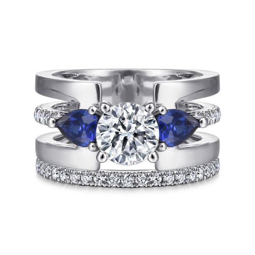 14K White Gold Round 3 Stone Sapphire and Diamond Engagement Ring