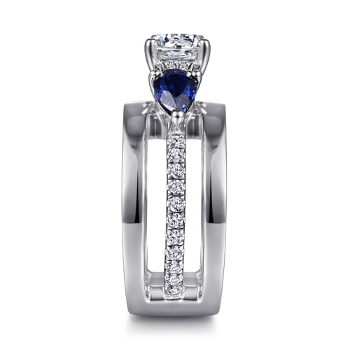 14K White Gold Round 3 Stone Sapphire and Diamond Engagement Ring