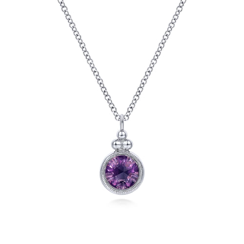 14K White Gold Round Amethyst Pendant Necklace