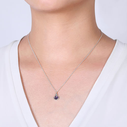 14K White Gold Round Amethyst Pendant Necklace