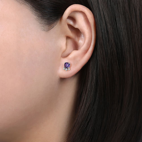 14K White Gold Round Amethyst and Diamond Accent Stud Earrings