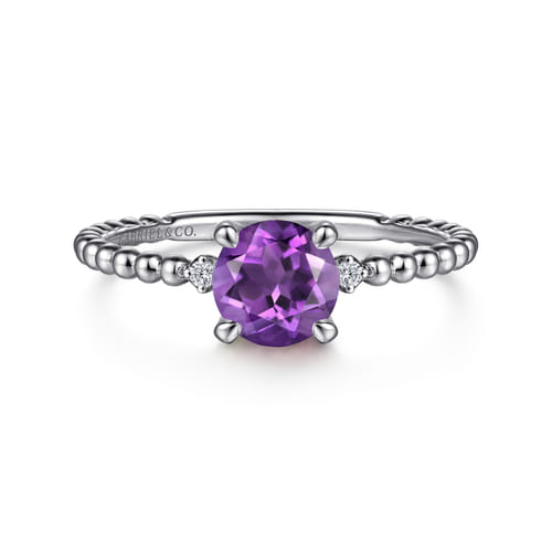 14K White Gold Round Amethyst and Diamond Bujukan Promise Ring