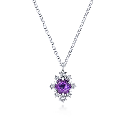 14K White Gold Round Amethyst and Diamond Burst Pendant Necklace