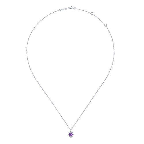 14K White Gold Round Amethyst and Diamond Burst Pendant Necklace