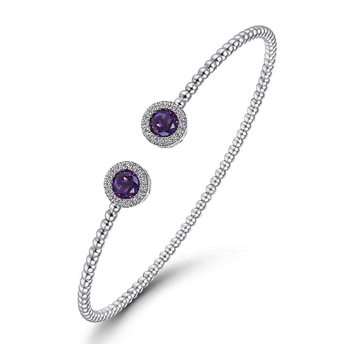 14K White Gold Round Amethyst and Diamond Halo Bujukan Bangle