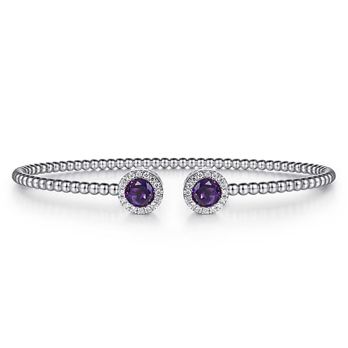 14K White Gold Round Amethyst and Diamond Halo Bujukan Bangle