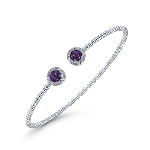 14K White Gold Round Amethyst and Diamond Halo Bujukan Bangle