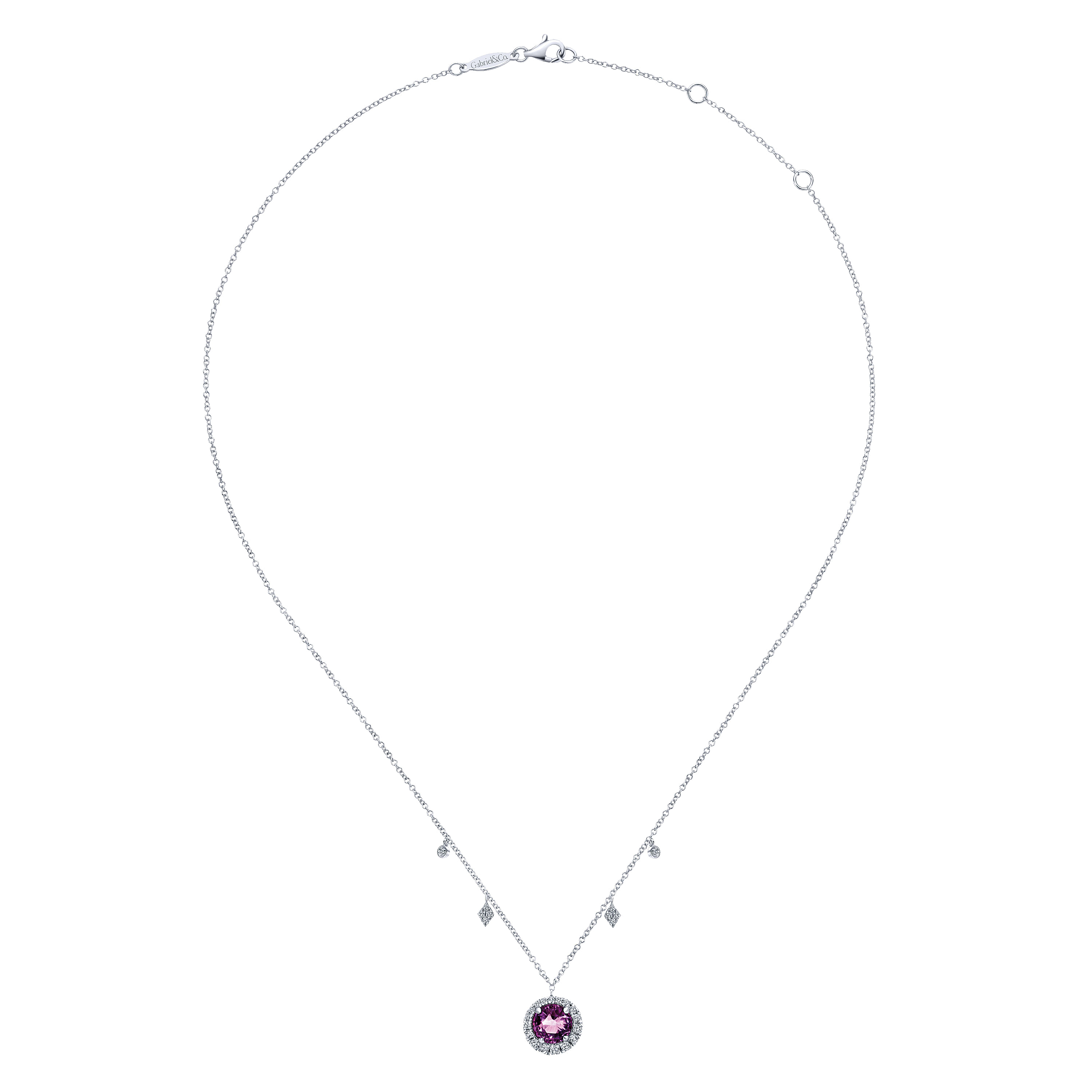 14K White Gold Round Amethyst and Diamond Halo Pendant Necklace with Side Drops