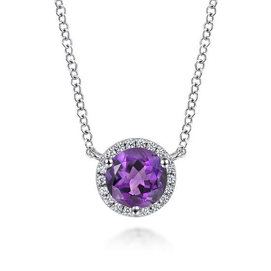 Gabriel - 14K White Gold Round Amethyst and Diamond Halo Pendant Necklace