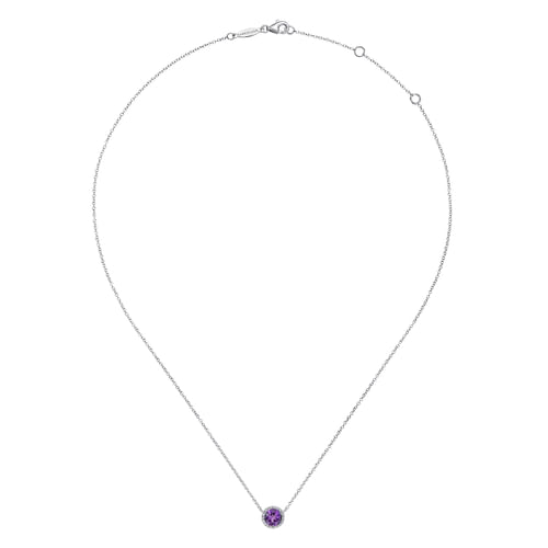 14K White Gold Round Amethyst and Diamond Halo Pendant Necklace