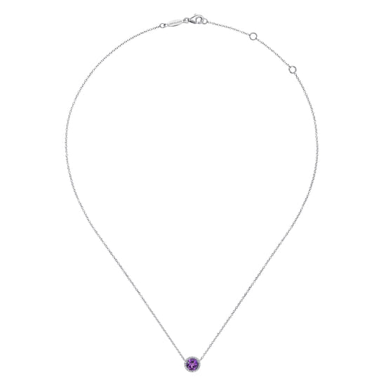 14K White Gold Round Amethyst and Diamond Halo Pendant Necklace angle 2