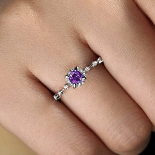 14K White Gold Round Amethyst and Diamond Halo Promise Ring