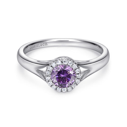 14K White Gold Round Amethyst and Diamond Halo Promise Ring