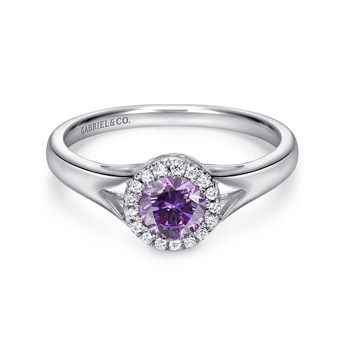 14K White Gold Round Amethyst and Diamond Halo Ring