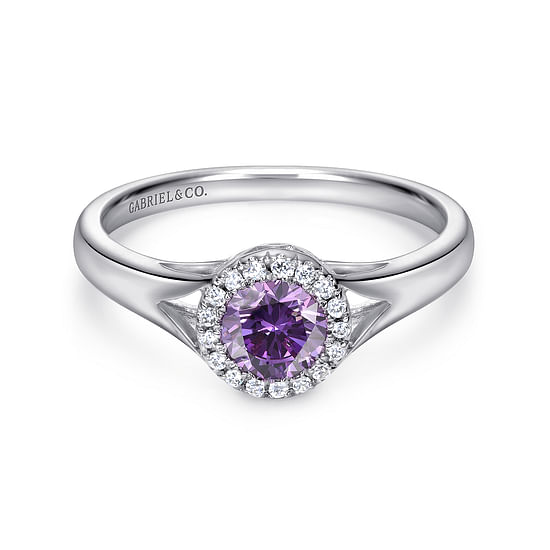 Gabriel - 14K White Gold Round Amethyst and Diamond Halo Ring