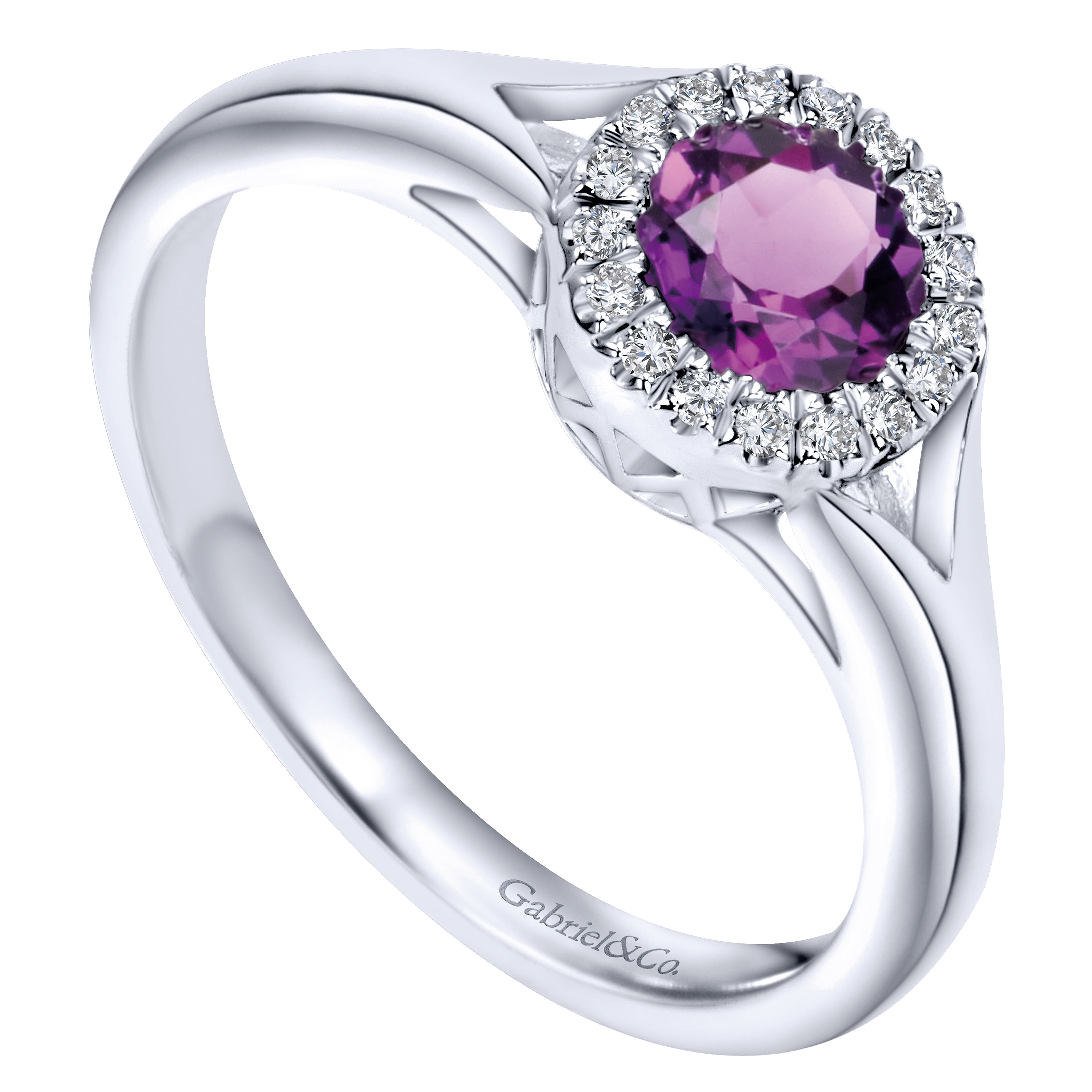 14K White Gold Round Amethyst and Diamond Halo Ring