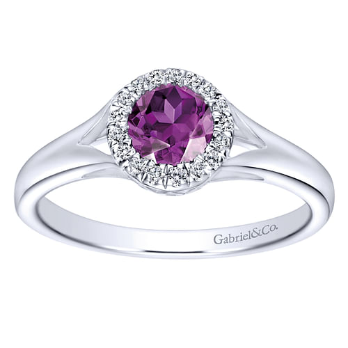 14K White Gold Round Amethyst and Diamond Halo Ring