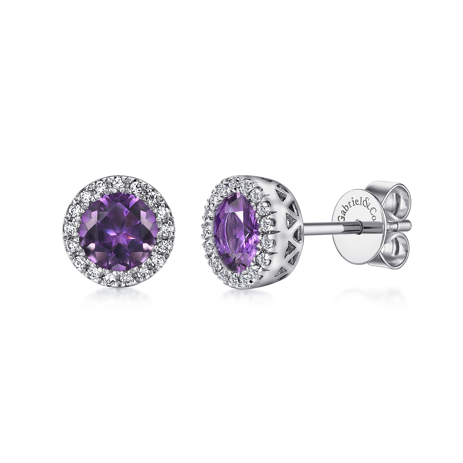 Gabriel - 14K White Gold Round Amethyst and Diamond Halo Stud Earrings