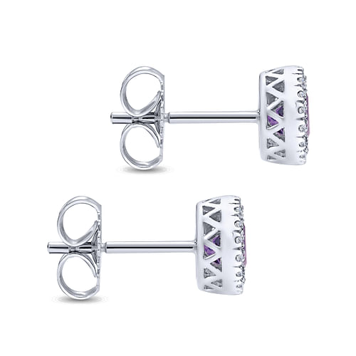 14K White Gold Round Amethyst and Diamond Halo Stud Earrings