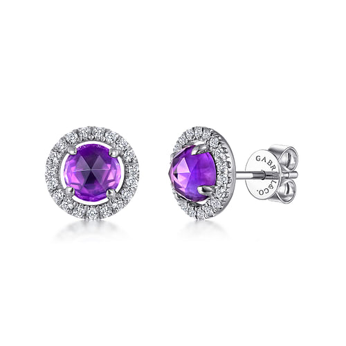 14K White Gold Round Amethyst and Diamond Halo Stud Earrings