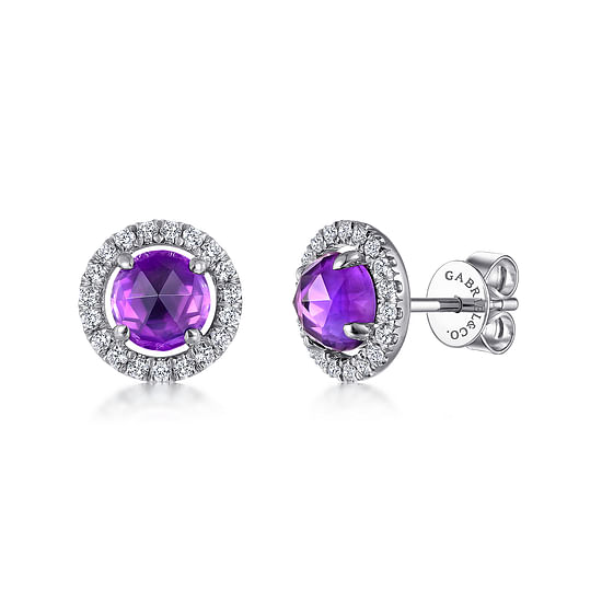 Gabriel - 14K White Gold Round Amethyst and Diamond Halo Stud Earrings